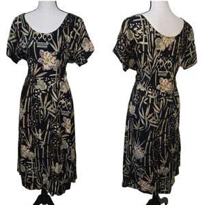 Vintage Dark Green And Floral Shortsleeve Midi Lightweight Dress